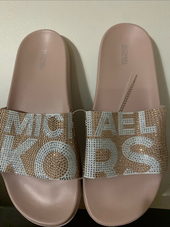 Michael Kors Shoes - MICHAEL KORS Blush Pink Crystal Logo Slide Sandals